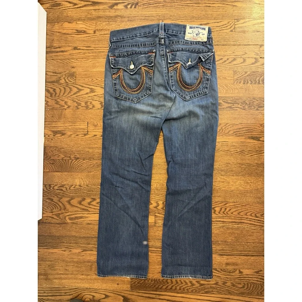 True Religion Jeans Mens Blue Dark Wash Rainbow Billy Straight Whisker Size 34